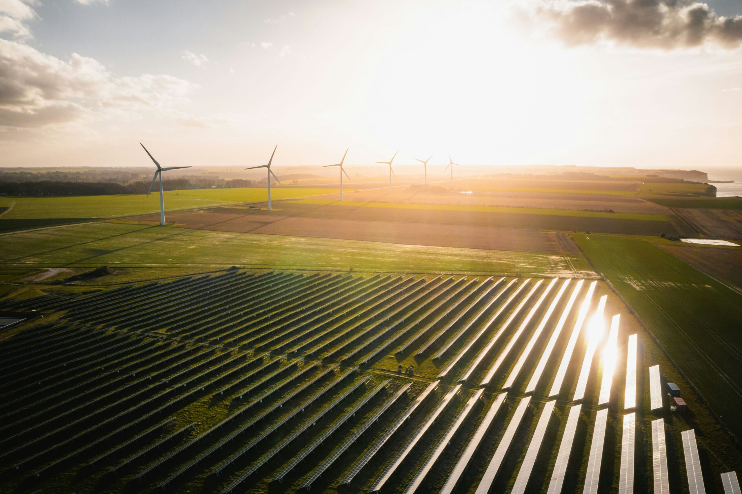 We zien een groot veld waar zonnepanelen opliggen, met op de achtergrond windturbines. De zon schijnt over het veld.